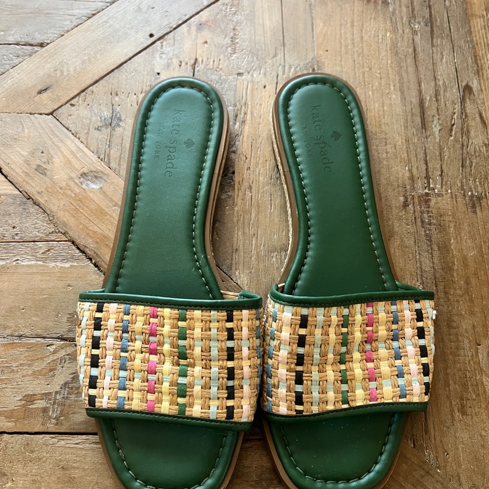 Kate Spade Green and Multicolor Woven Slide Sandals